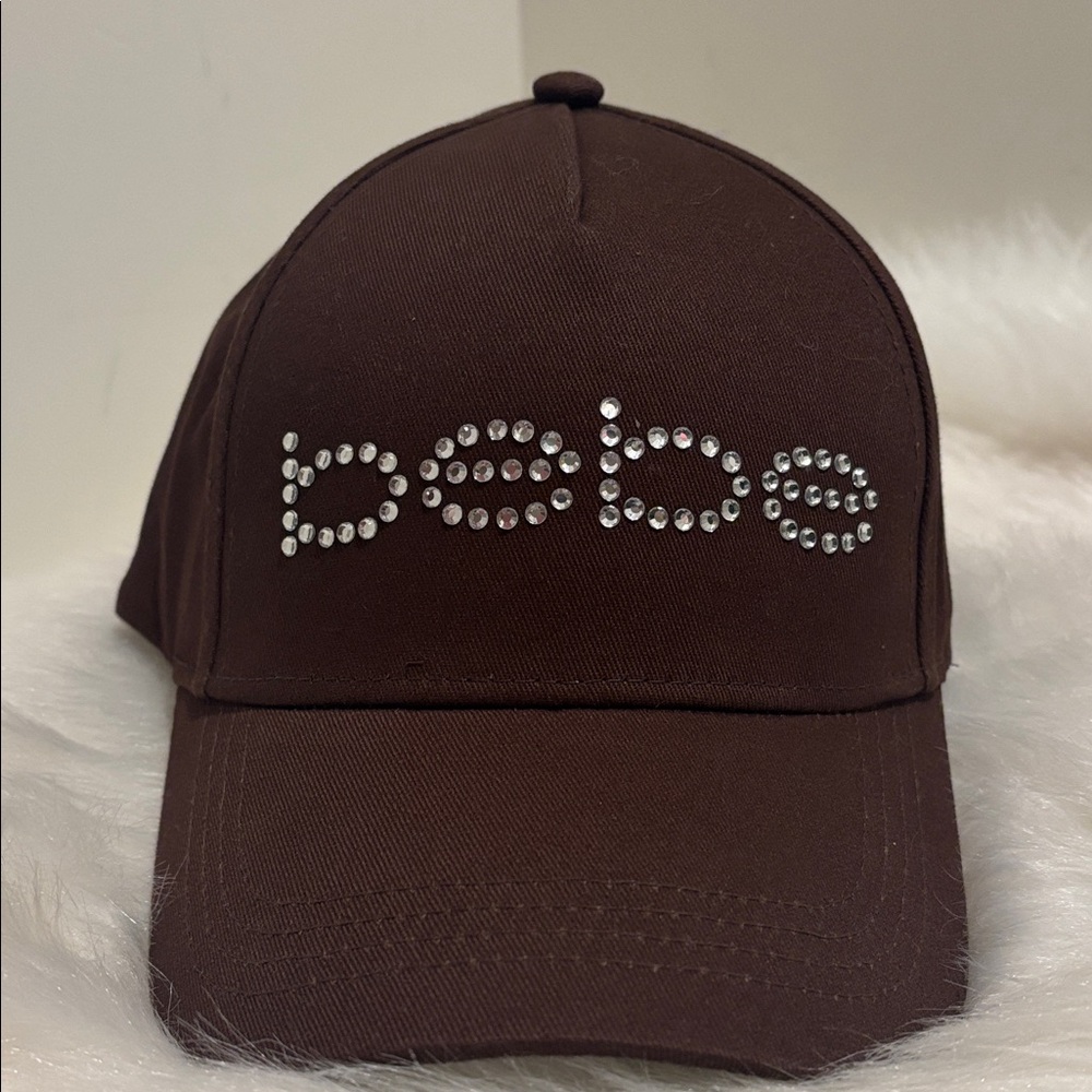 Bebe Rhinestone Logo Adjustable Strapback Cap with Metal Logo